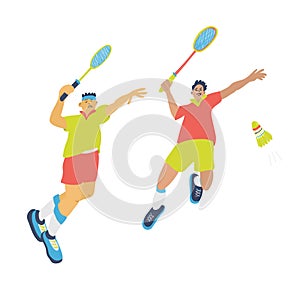 Illustration with two jumping men, doubles badminton game vector